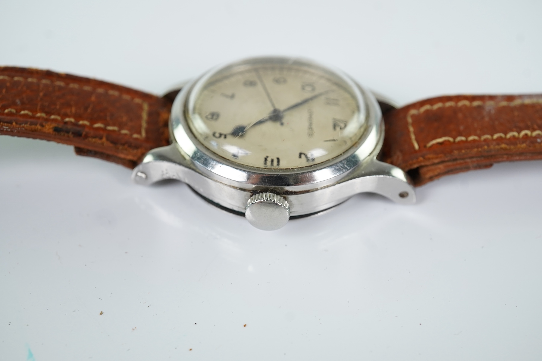 A gentleman's steel Longines R.A.F. Air Ministry Pilots/Navigators manual wind wrist watch, issued in 1956
